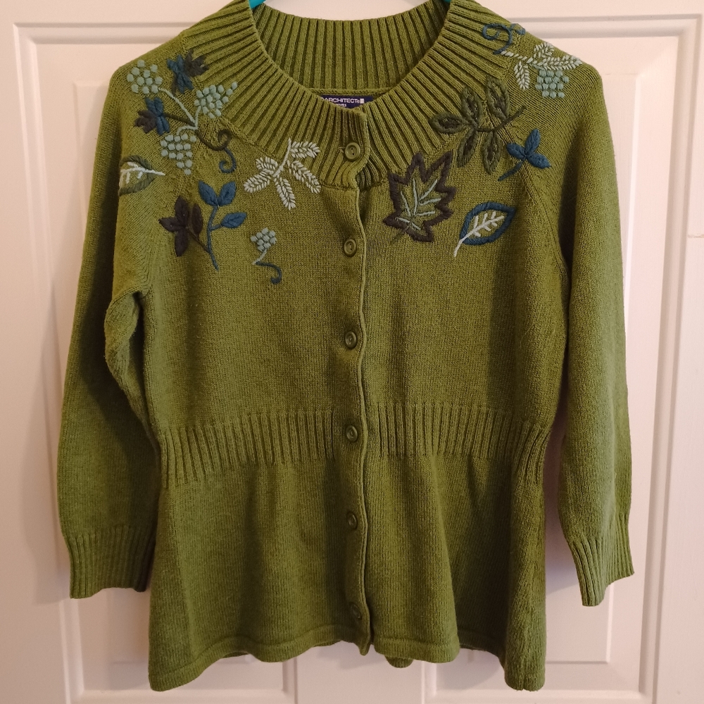 Architect Embroidered Cotton Wool Blend Button Down Cardigan Sweater